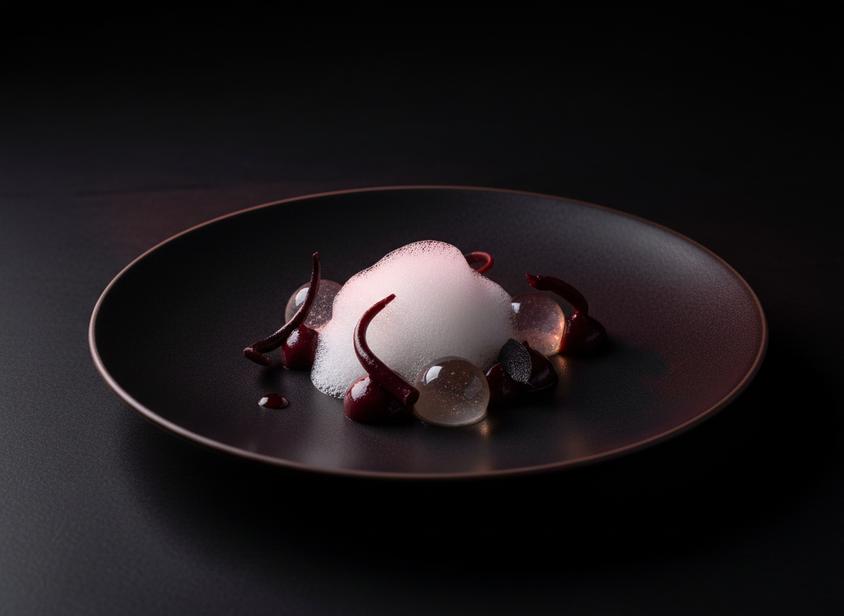 Piatto di alta cucina contemporanea illuminato su uno sfondo bordeaux scuro